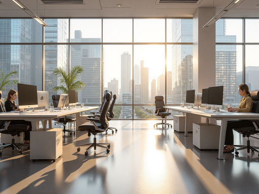 公司办公环境，现代化办公室，员工在工作区域讨论项目，明亮自然光线，商务氛围